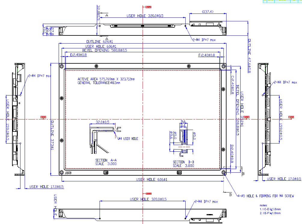 T260XW02 V5, AU, 26.0� WXGA Color TFT-LCD, Active Screen Size 26